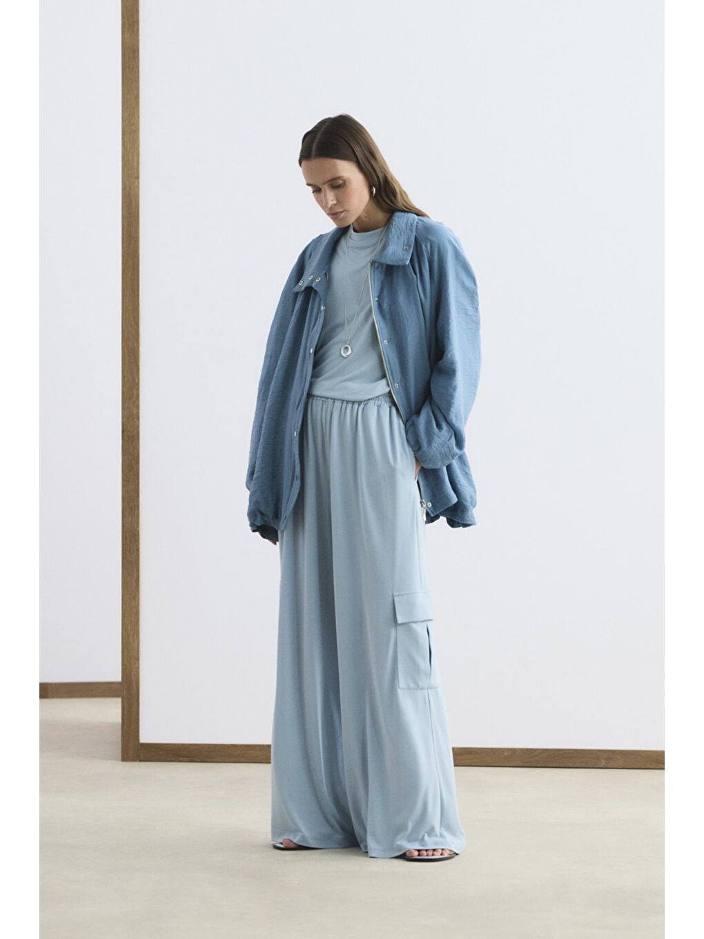 Dik Yaka Büzgülü Bomber Ceket Mavi-1