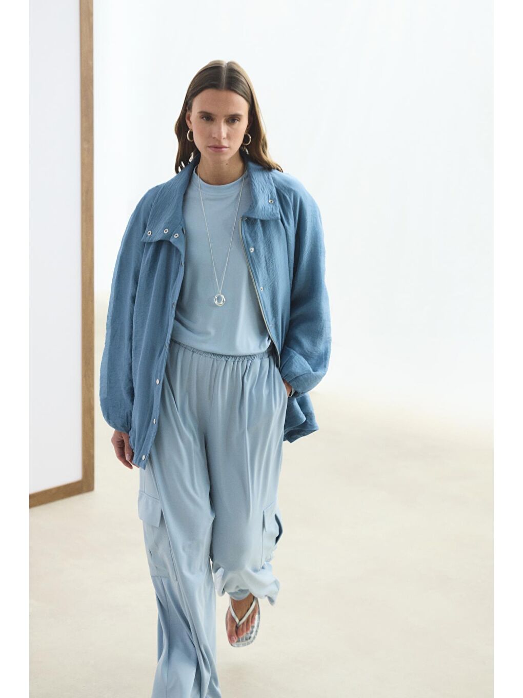 Dik Yaka Büzgülü Bomber Ceket Mavi-2