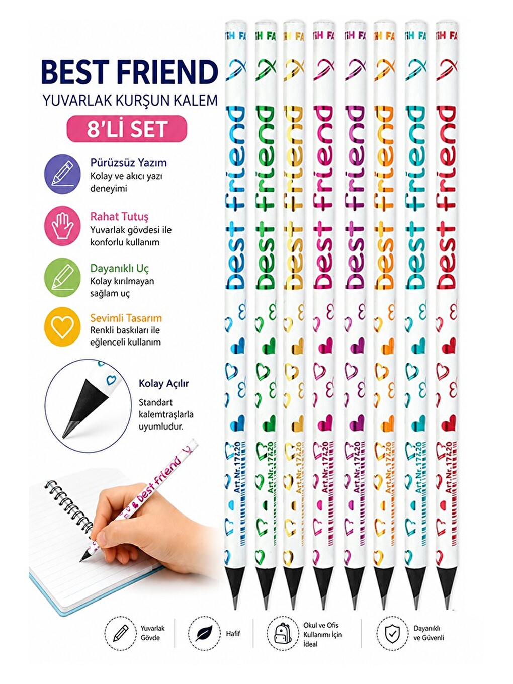 Best Friend Kurşun Kalem 8 Adet Yuvarlak Gövdeli Siyah Kurşun Kalem Yumuşak Yazım Kolay
