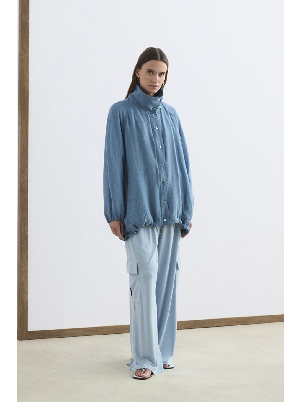 Dik Yaka Büzgülü Bomber Ceket Mavi-3