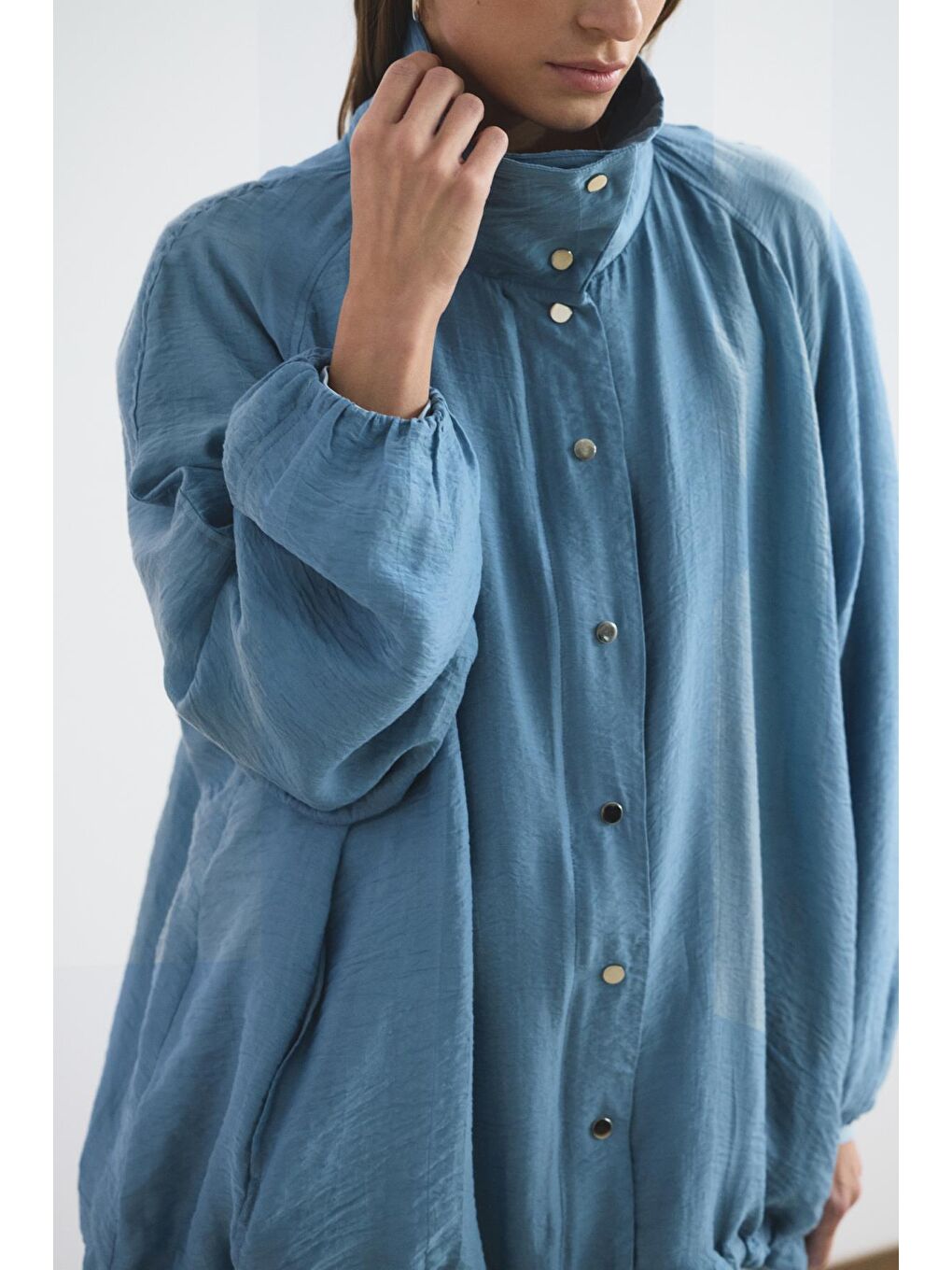 Dik Yaka Büzgülü Bomber Ceket Mavi-4