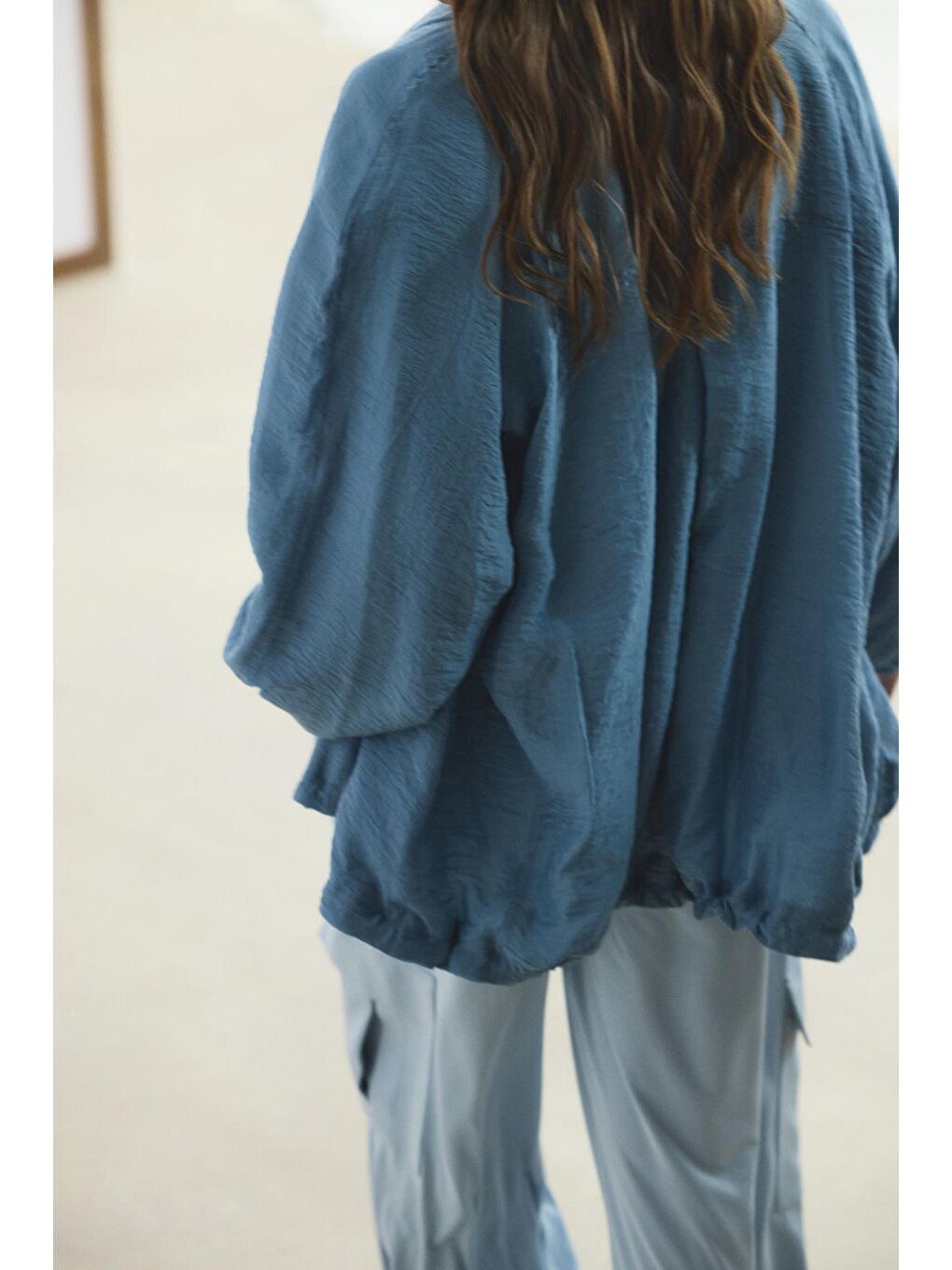 Dik Yaka Büzgülü Bomber Ceket Mavi-6