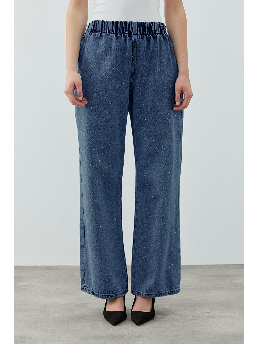 Taşlı Palazzo  Denim Pantolon 1693 Lacivert-1
