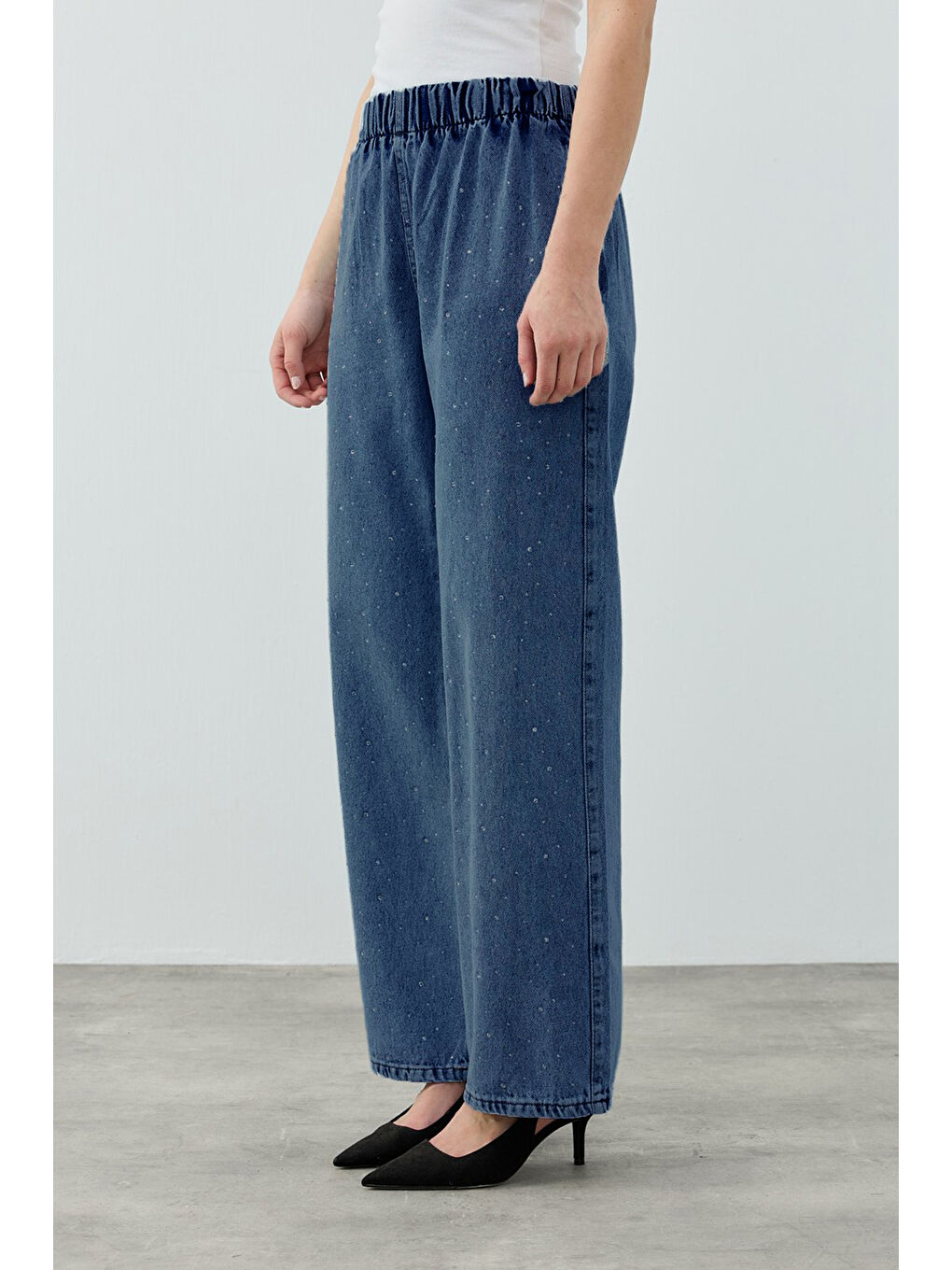 Taşlı Palazzo  Denim Pantolon 1693 Lacivert-2