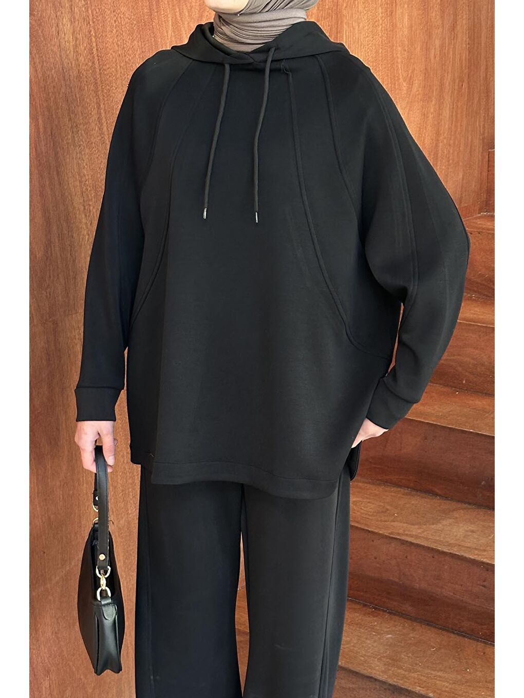Kapüşonlu Pantolonlu İkili Tesettür Takım Siyah-2