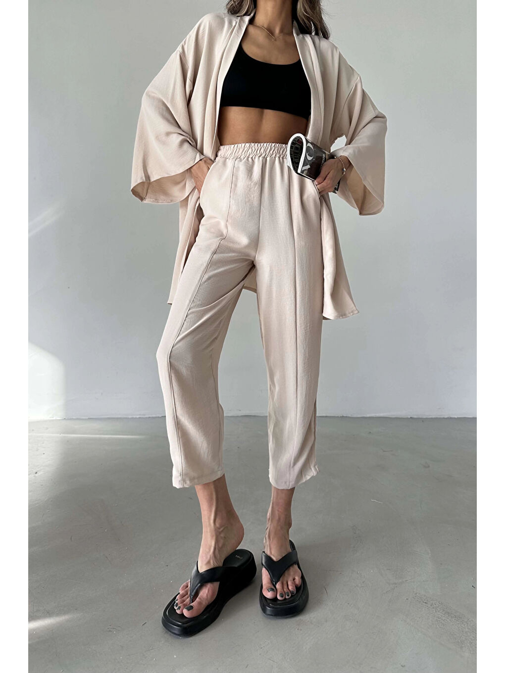 Bej Kadın Taş Kimono Takım 1018-0075-5