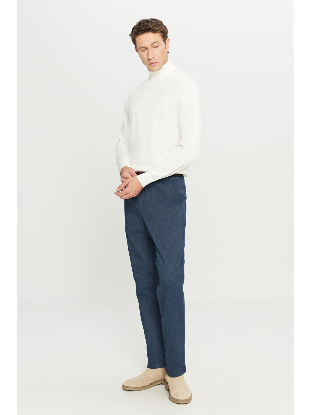 Erkek Lacivert Pamuklu Regular Fit Normal Kesim Diagonal Desenli Yan Cepli Esnek Casual Pantolon-2