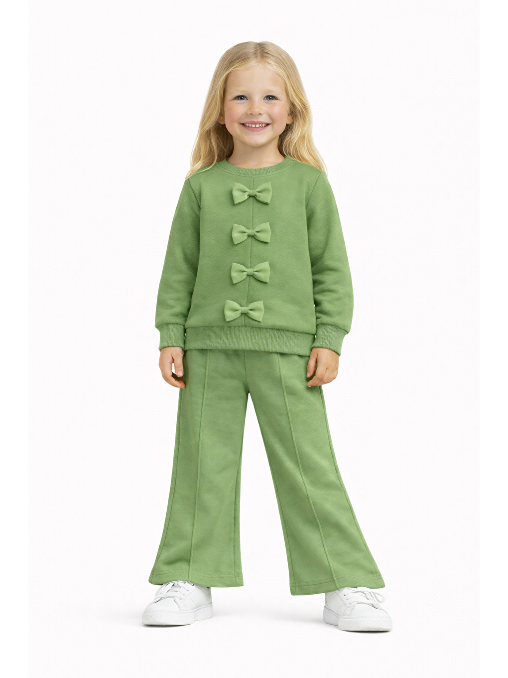 Yeşil Bisiklet Yaka Fiyonk Detaylı Benetton Renk Kız Çocuk Eşofman Takım