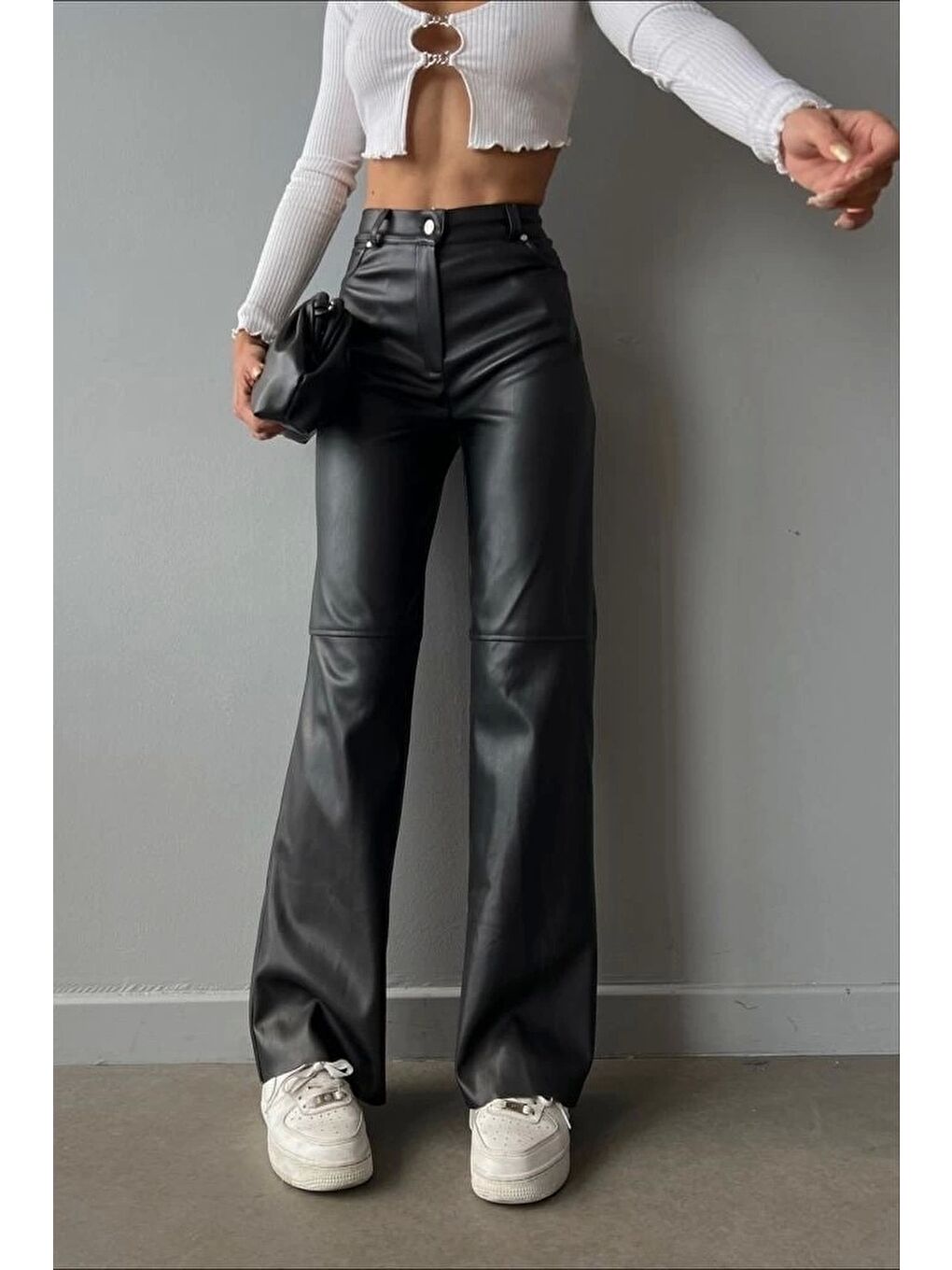 Kadın Siyah Palazzo Deri Pantolon 0291-10046-6