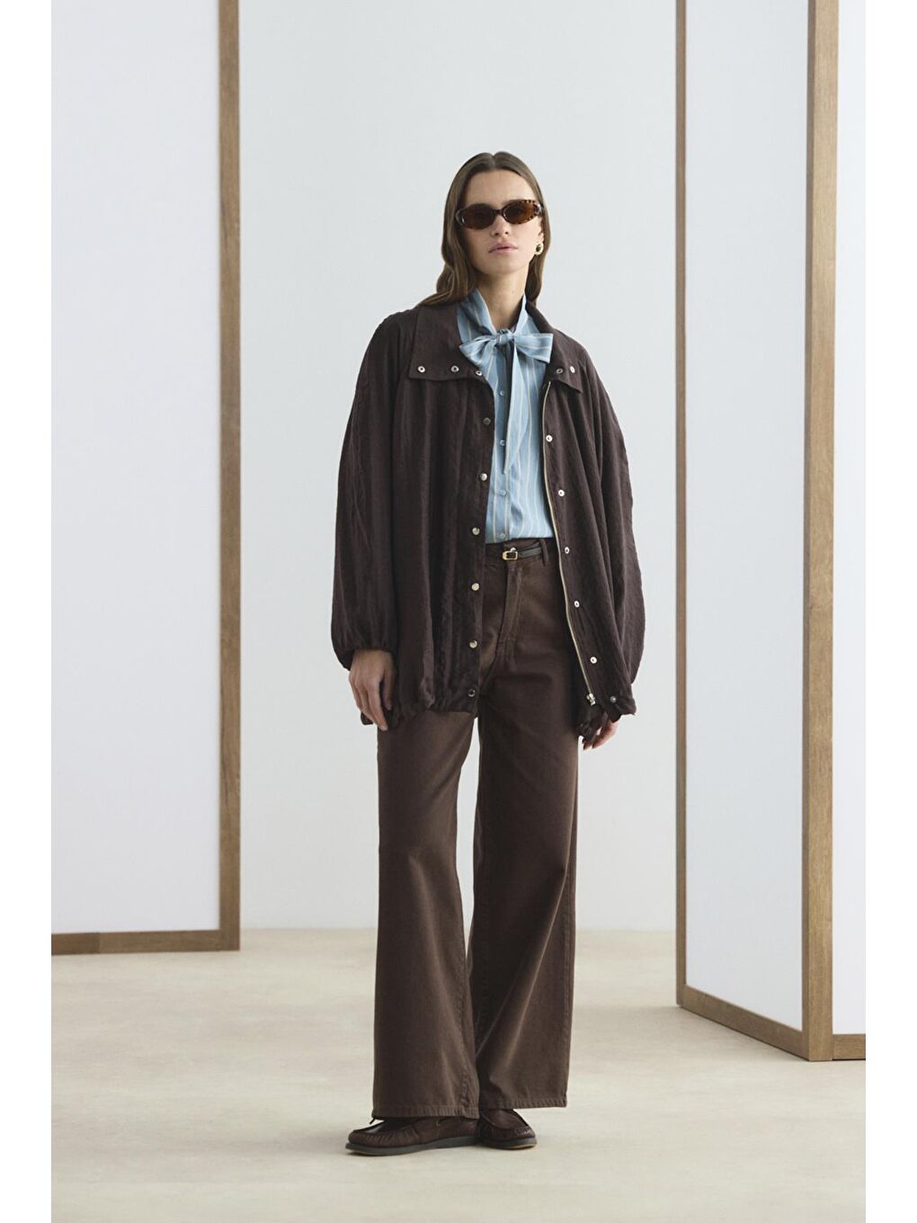 Dik Yaka Büzgülü Bomber Ceket Kahverengi-1