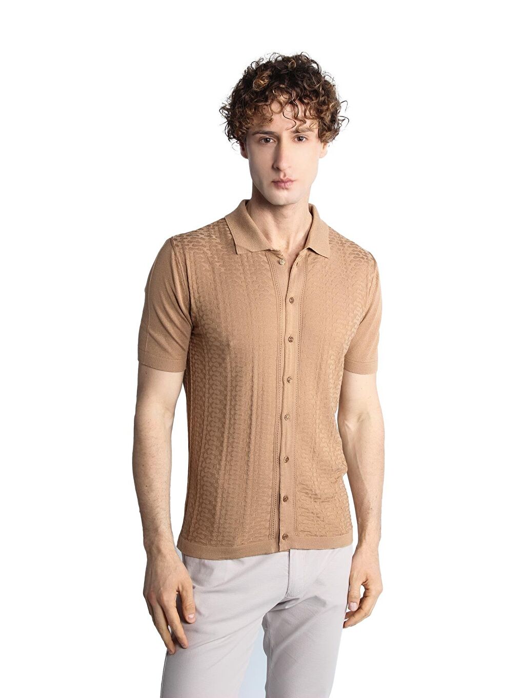 Bej Vizon Slim Fit Dar Kalıp Düğmeli Polo Yaka Desenli Kısa Kollu Triko Tişört