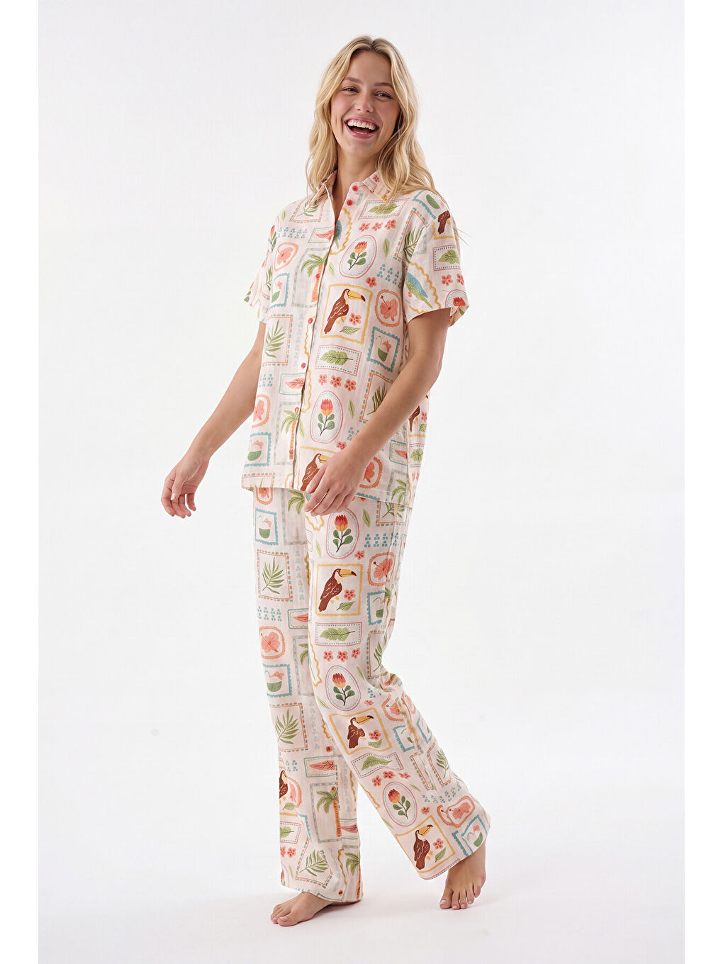 Sarı Seaside Önden Düğmeli Pijama Takım-1