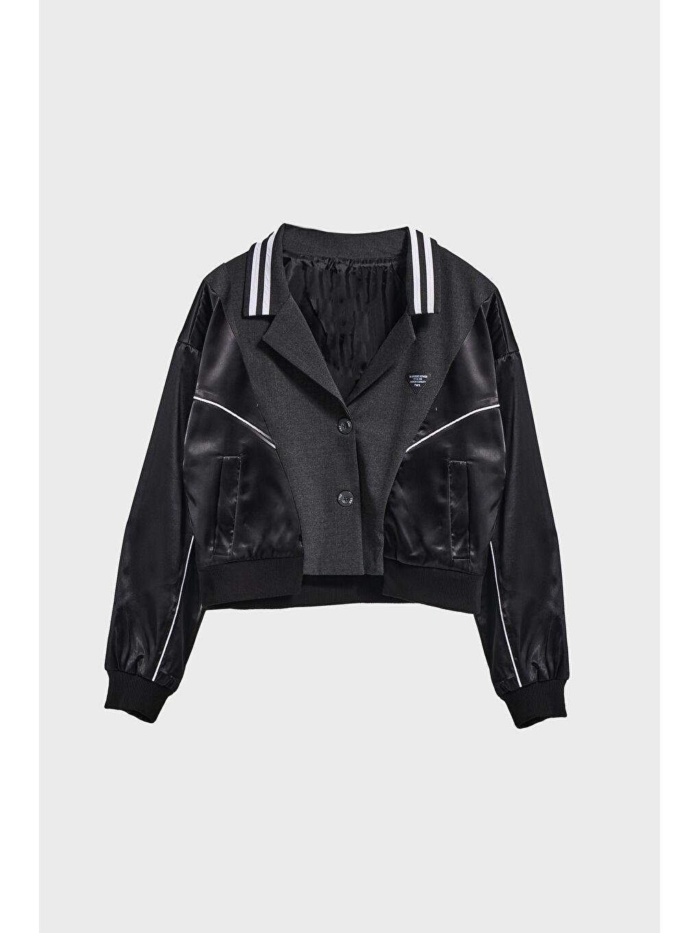 Kadın Antrasit Renk Saten Ve Dokuma Çift Parça Kumaş Özel Tasarım Ceket-1