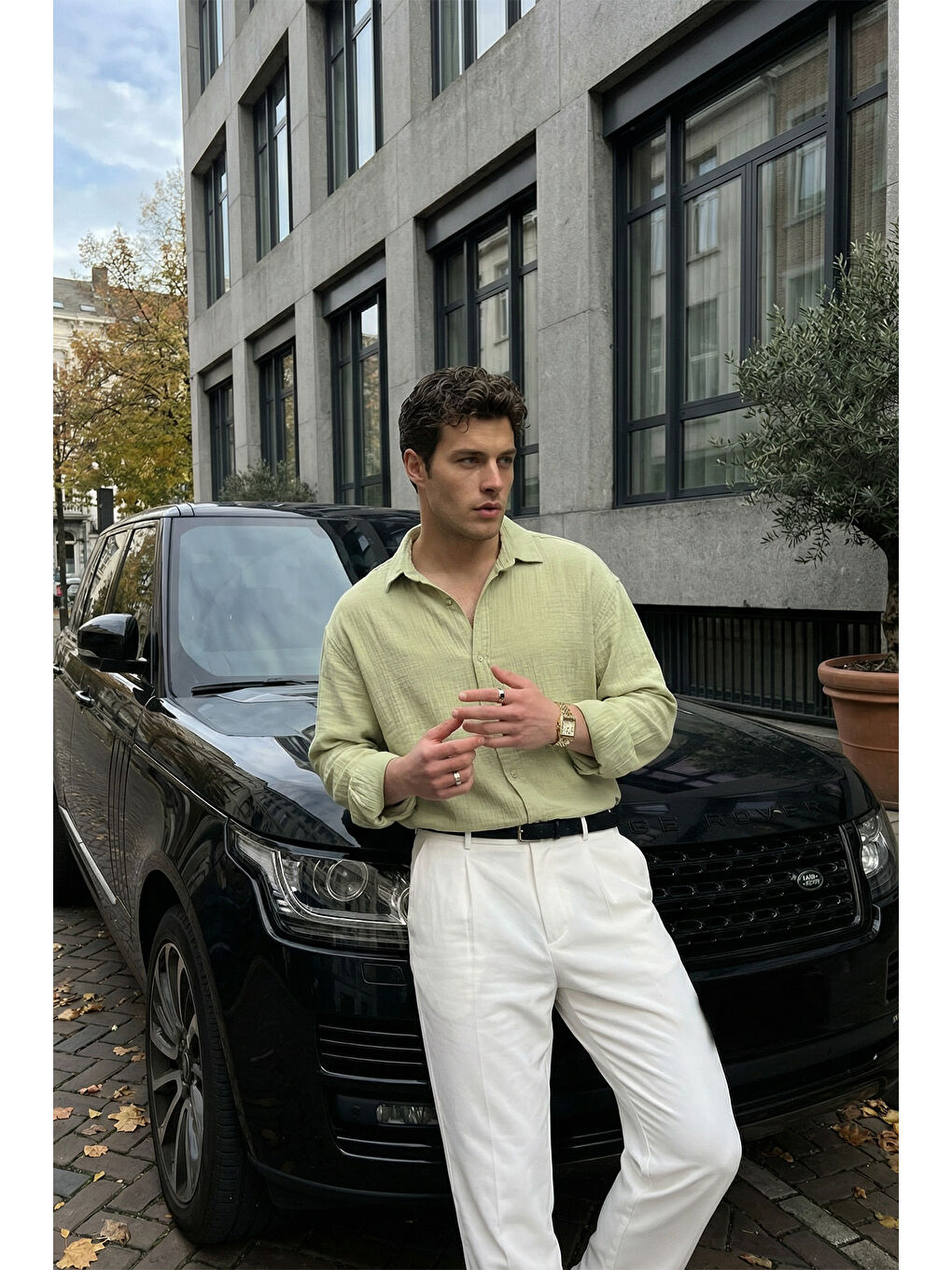 Yeşil Yurin Erkek Premium Müslin %100 Pamuk Oversize Uzun Kollu Gömlek-1