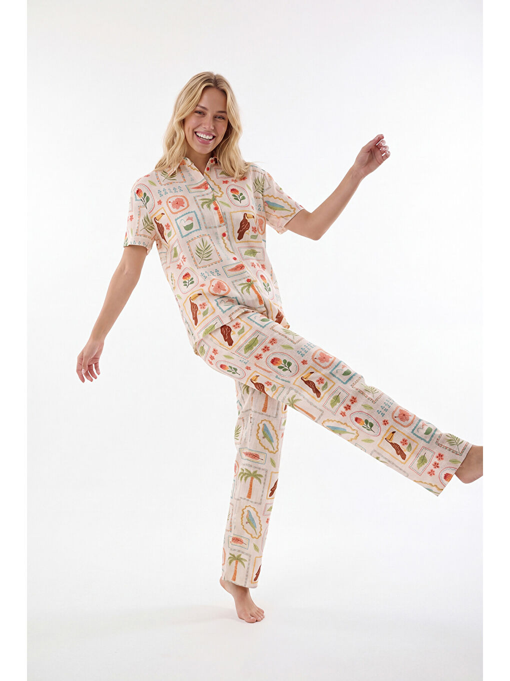 Sarı Seaside Önden Düğmeli Pijama Takım-2