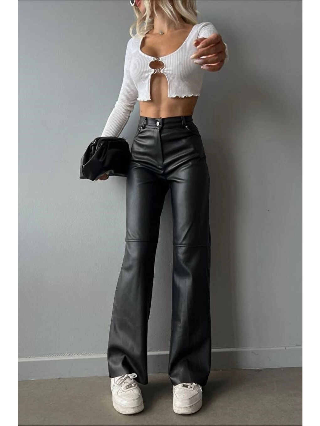 Kadın Siyah Palazzo Deri Pantolon 0291-10046-7