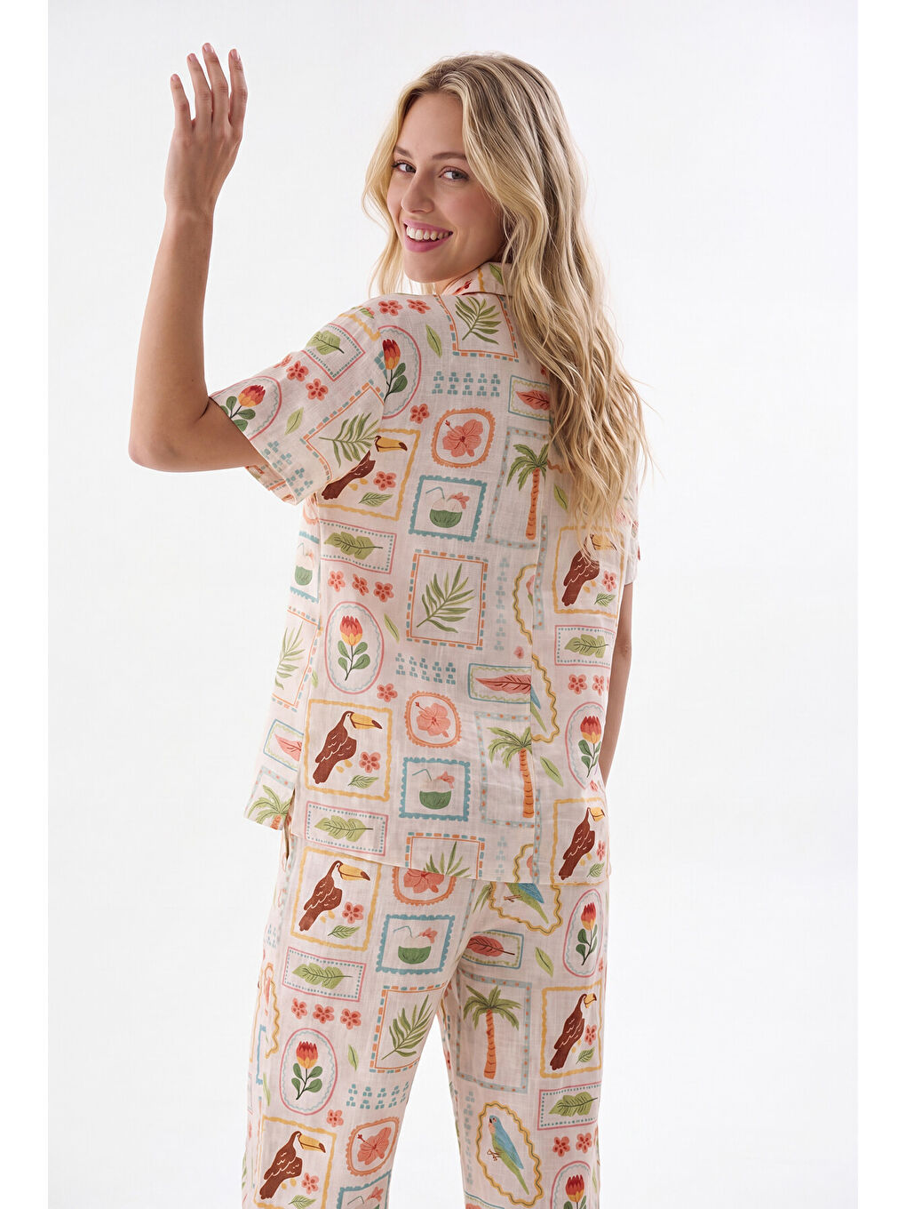 Sarı Seaside Önden Düğmeli Pijama Takım-3