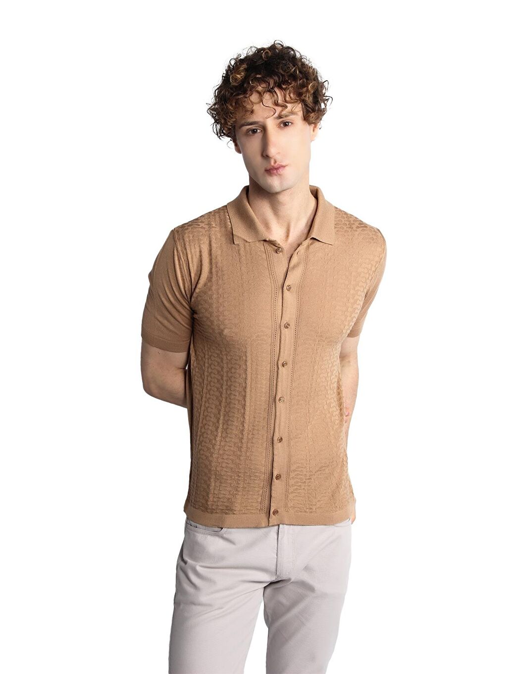 Bej Vizon Slim Fit Dar Kalıp Düğmeli Polo Yaka Desenli Kısa Kollu Triko Tişört-1