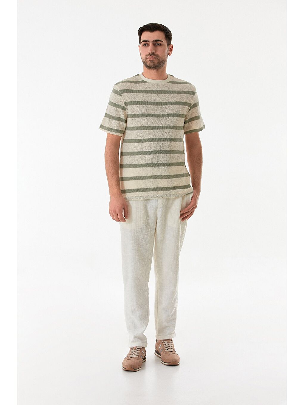 Turkuaz Çizgili Ajurlu Bisiklet Yaka Triko Tişört-1