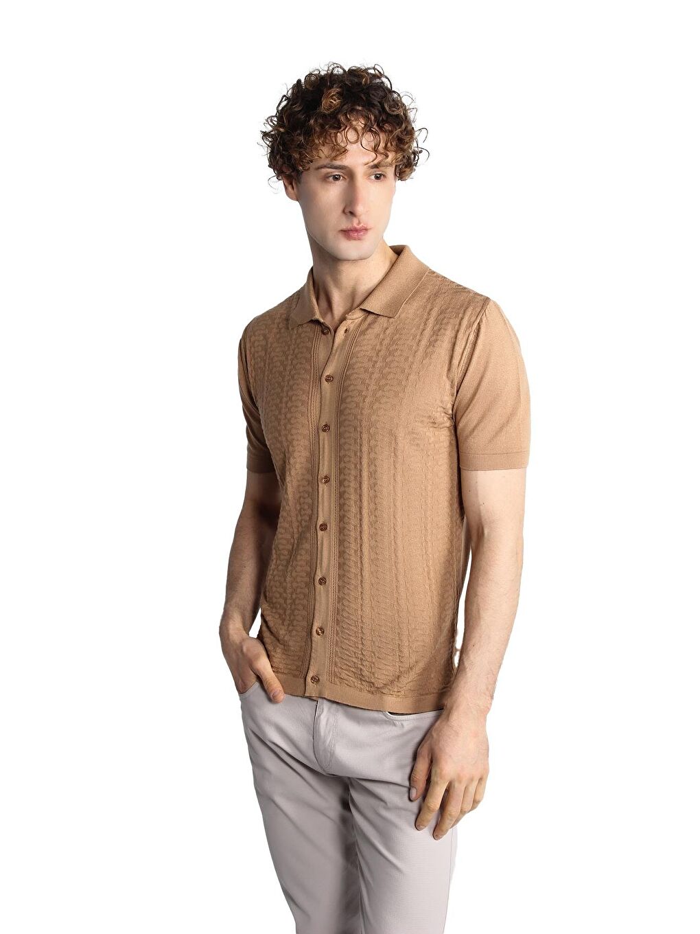 Bej Vizon Slim Fit Dar Kalıp Düğmeli Polo Yaka Desenli Kısa Kollu Triko Tişört-2