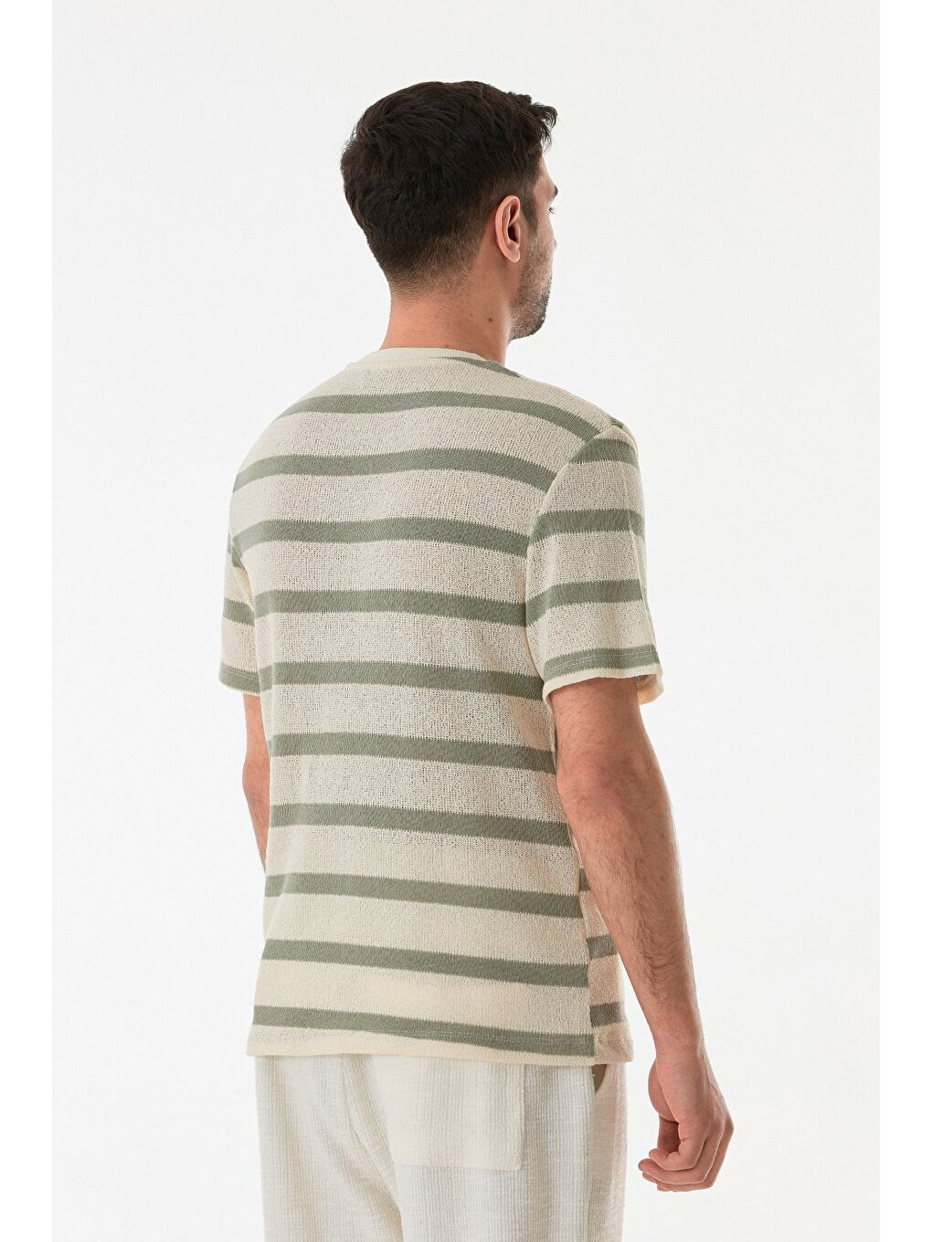 Turkuaz Çizgili Ajurlu Bisiklet Yaka Triko Tişört-2