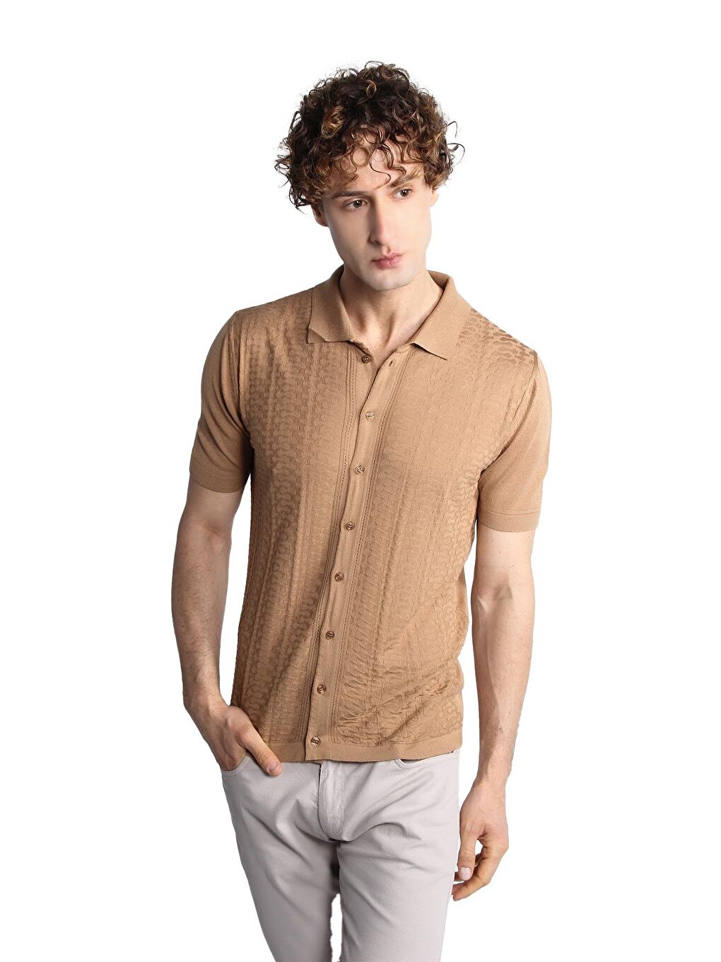 Bej Vizon Slim Fit Dar Kalıp Düğmeli Polo Yaka Desenli Kısa Kollu Triko Tişört-3