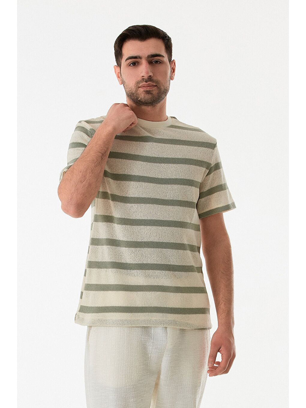 Turkuaz Çizgili Ajurlu Bisiklet Yaka Triko Tişört-3