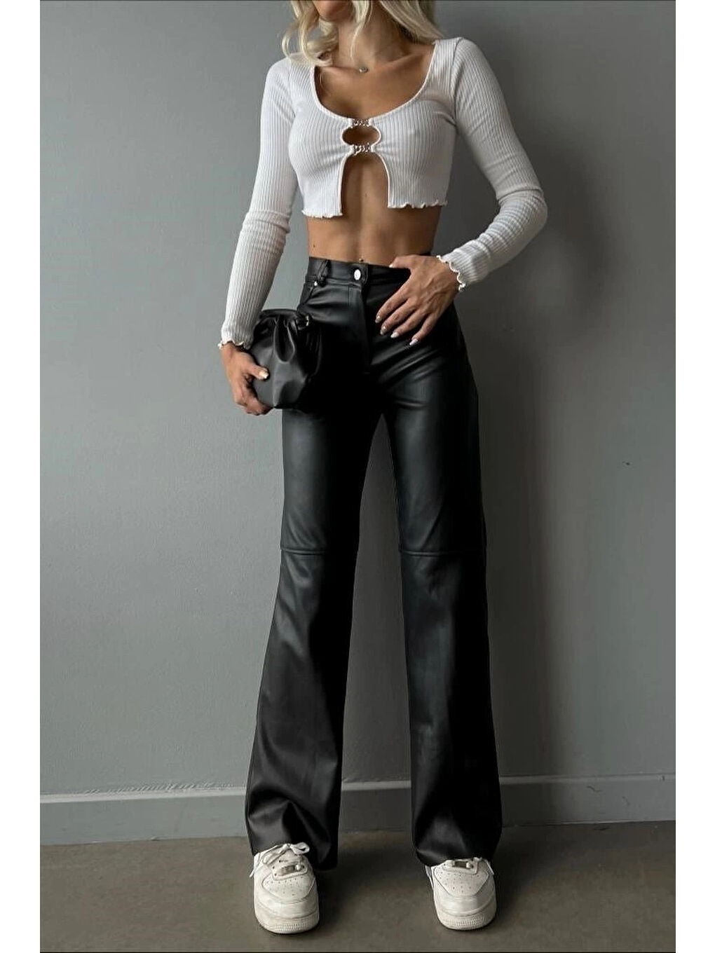 Kadın Siyah Palazzo Deri Pantolon 0291-10046-8