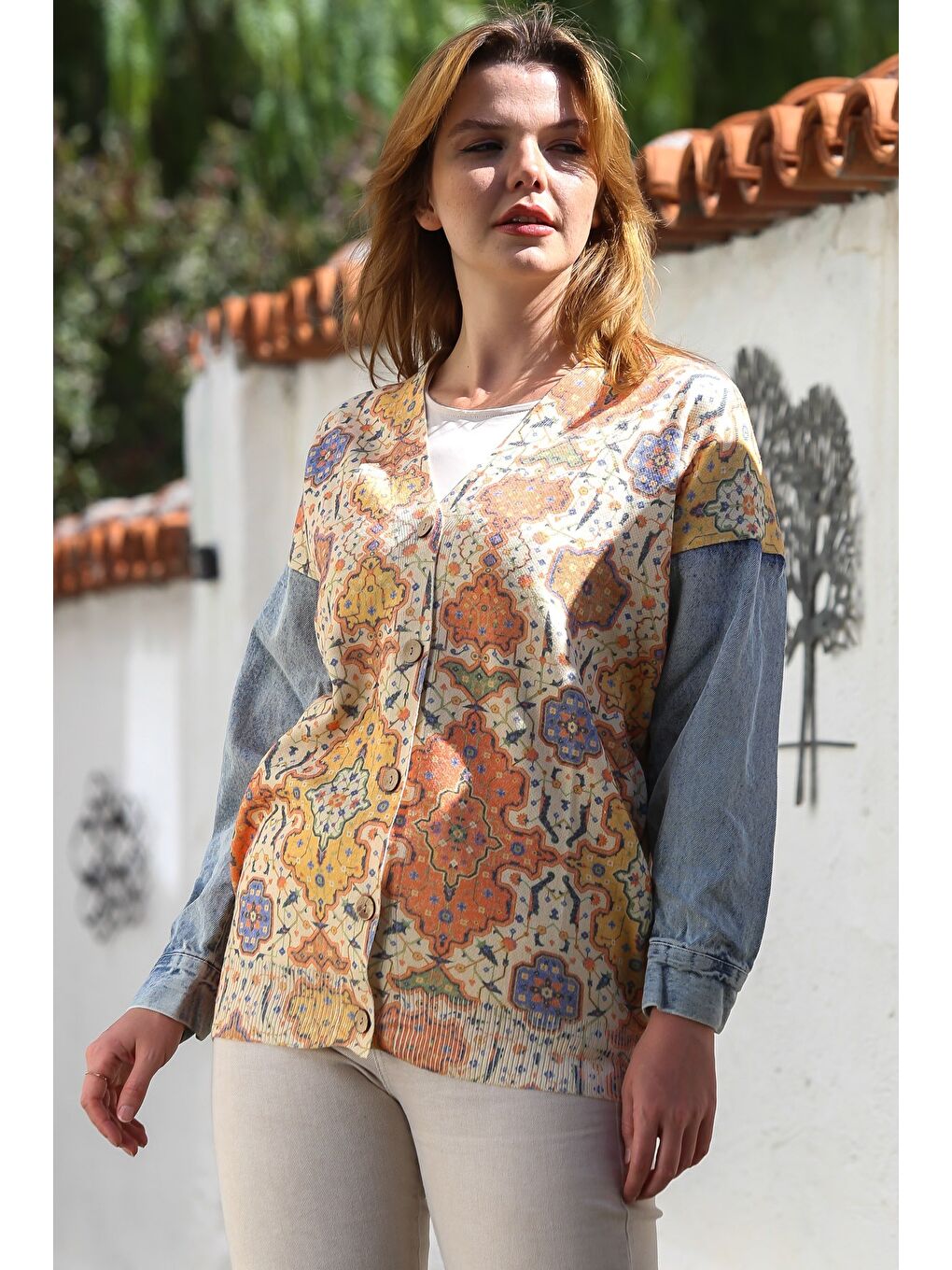 Sarı Bej-Gold V Yaka Manşetli Kollu Düğmeli Jean Kol Detaylı Casual Dokuma Ceket 78 62