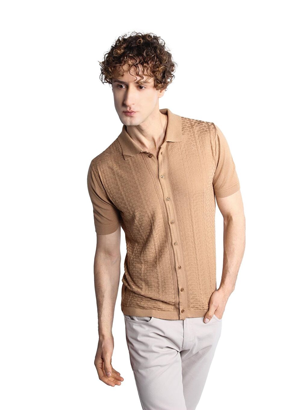 Bej Vizon Slim Fit Dar Kalıp Düğmeli Polo Yaka Desenli Kısa Kollu Triko Tişört-4