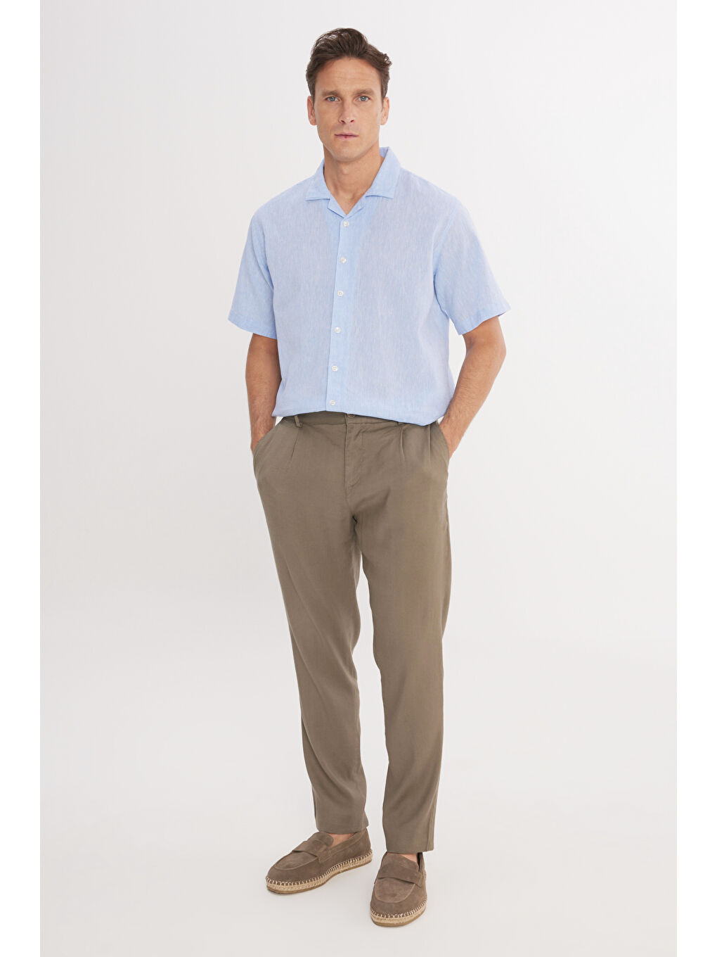 Bej Erkek Vizon Keten Slim Fit Dar Kesim Beli Lastikli Yan Cepli Esnek Pantolon