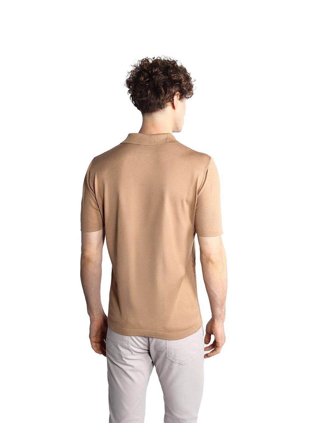 Bej Vizon Slim Fit Dar Kalıp Düğmeli Polo Yaka Desenli Kısa Kollu Triko Tişört-5