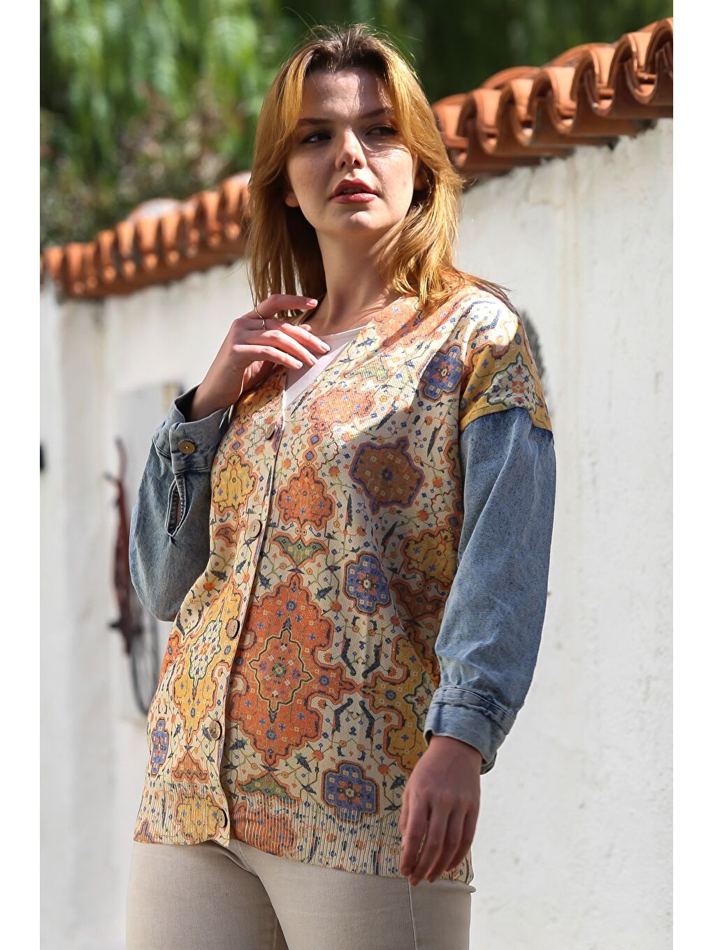 Sarı Bej-Gold V Yaka Manşetli Kollu Düğmeli Jean Kol Detaylı Casual Dokuma Ceket 78 62-1