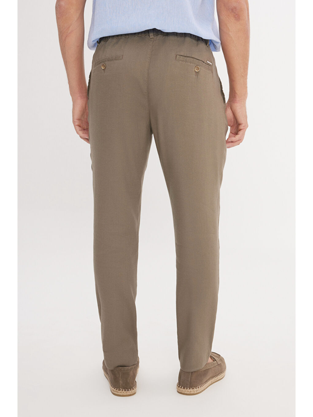 Bej Erkek Vizon Keten Slim Fit Dar Kesim Beli Lastikli Yan Cepli Esnek Pantolon-1