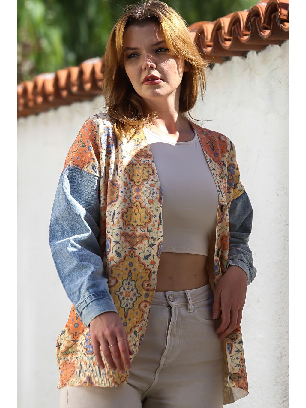 Sarı Bej-Gold V Yaka Manşetli Kollu Düğmeli Jean Kol Detaylı Casual Dokuma Ceket 78 62-3