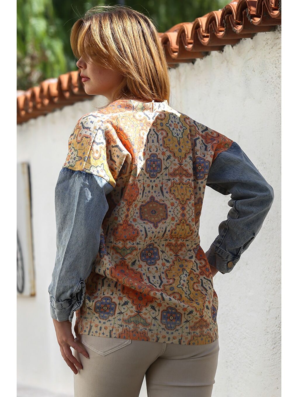 Sarı Bej-Gold V Yaka Manşetli Kollu Düğmeli Jean Kol Detaylı Casual Dokuma Ceket 78 62-5