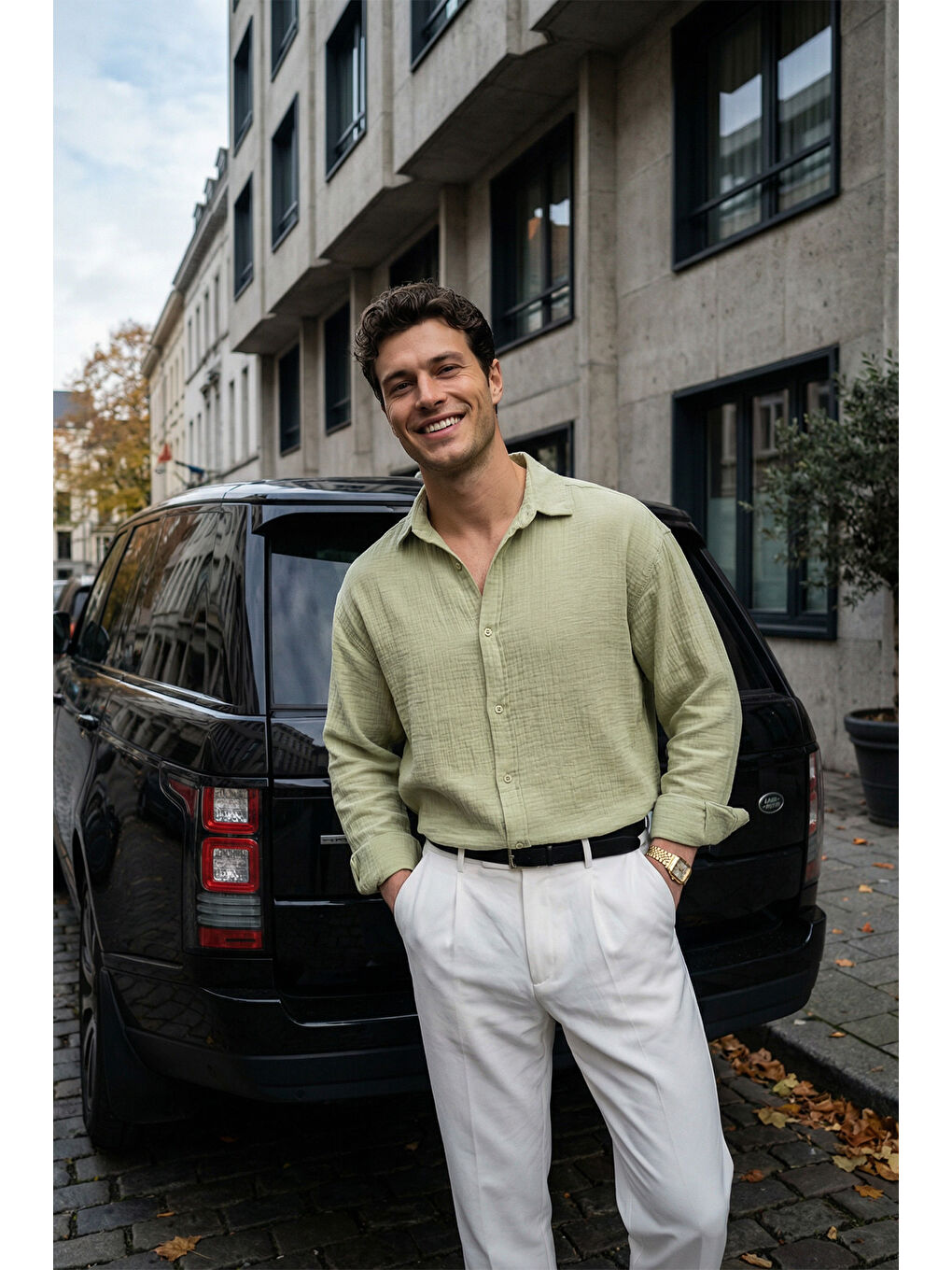 Yeşil Yurin Erkek Premium Müslin %100 Pamuk Oversize Uzun Kollu Gömlek-4