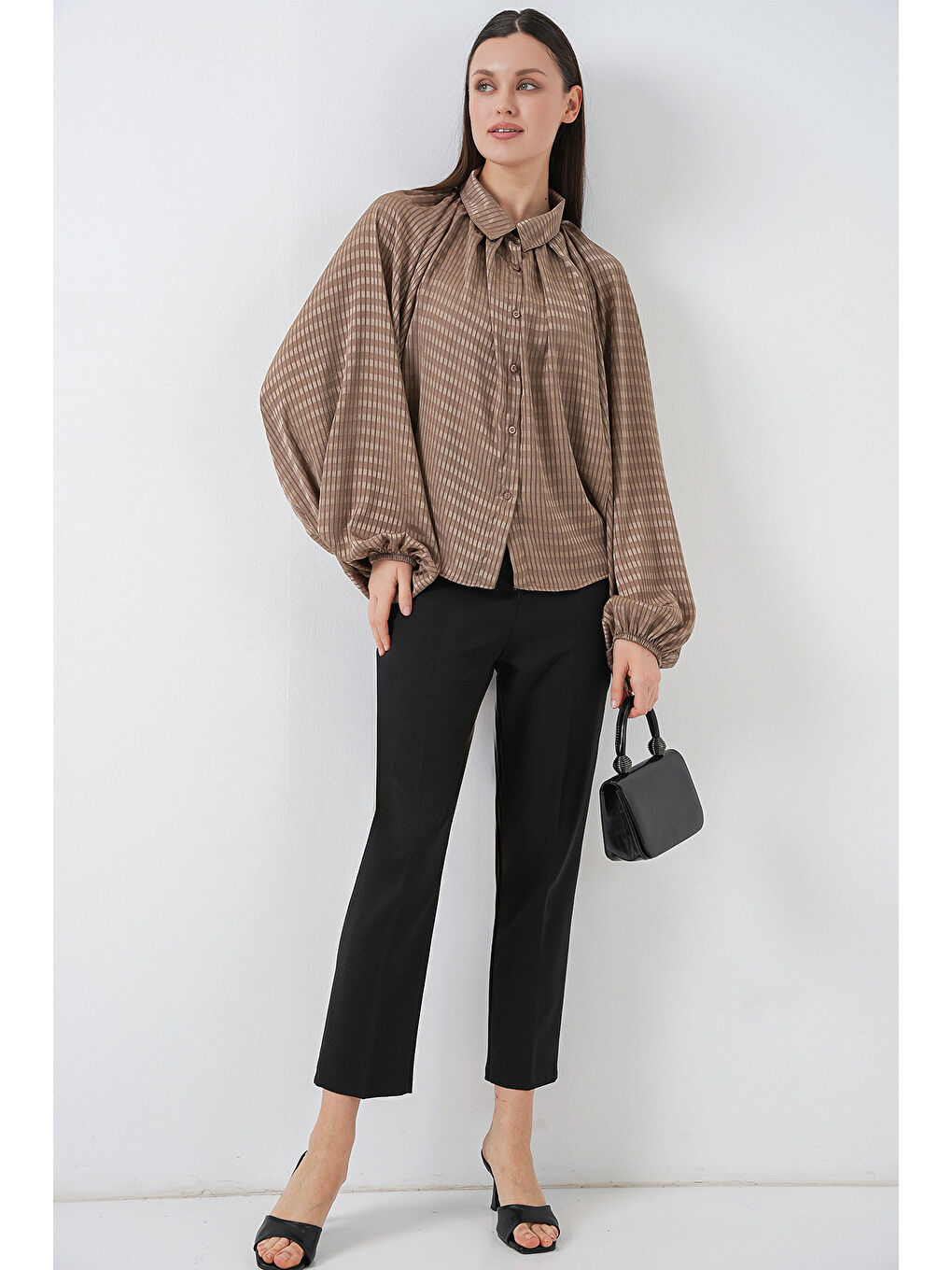 Bej Kadın Yarasa Kol Oversize Gömlek 20368 - Sütlü Kahve-1