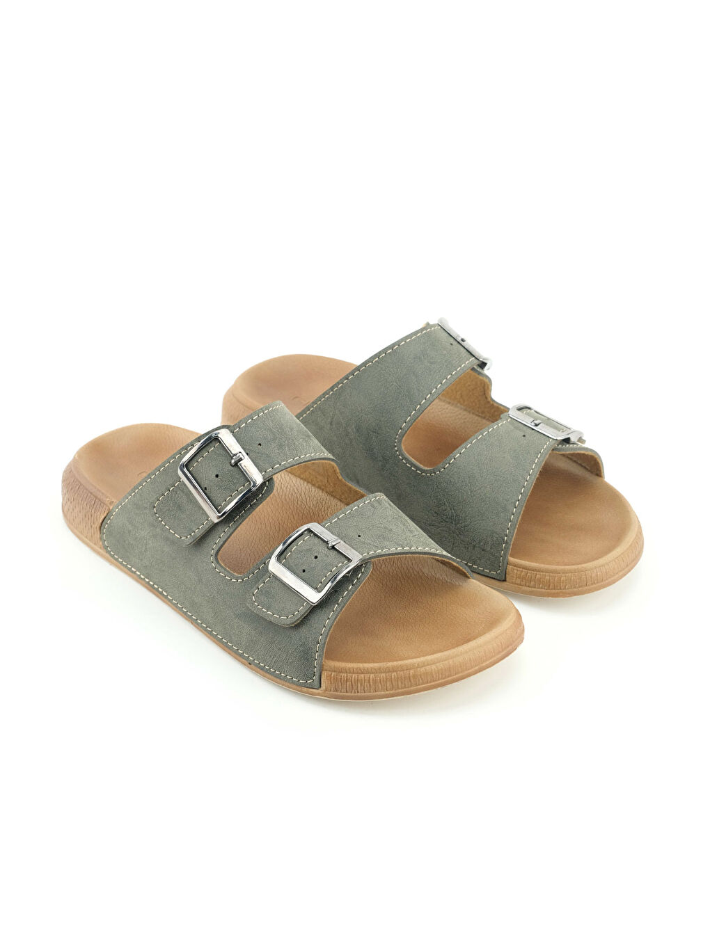 Haki Erkek Yazlık Suni Deri İki Toka Ayarlanabilir Rahat Taban Günlük Terlik-2