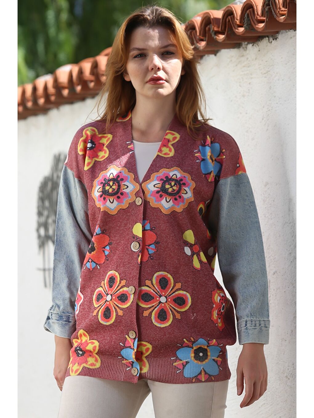 Bordo V Yaka Manşetli Kollu Düğmeli Jean Kol Detaylı Casual Dokuma Ceket 78 62