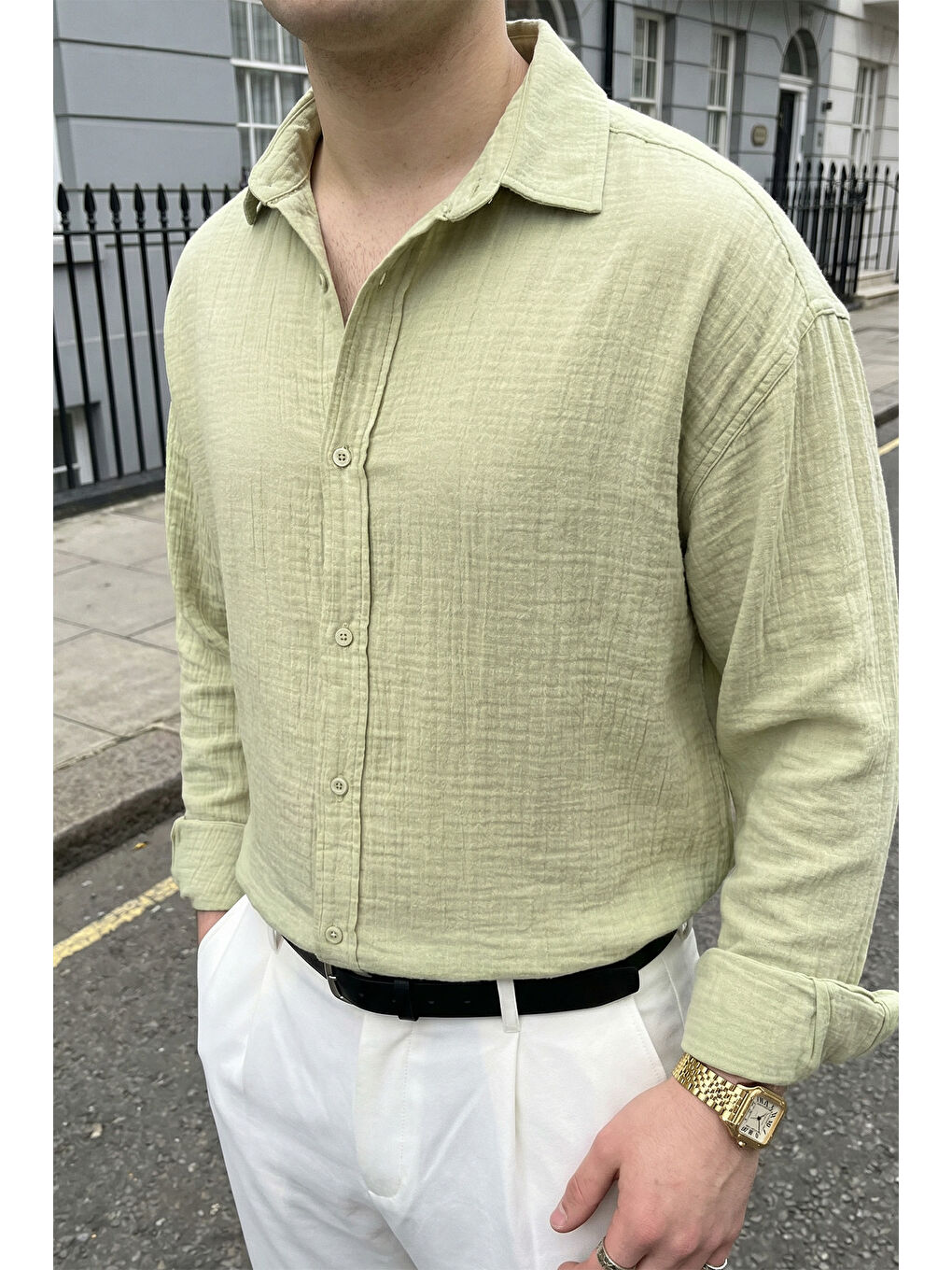 Yeşil Yurin Erkek Premium Müslin %100 Pamuk Oversize Uzun Kollu Gömlek-5