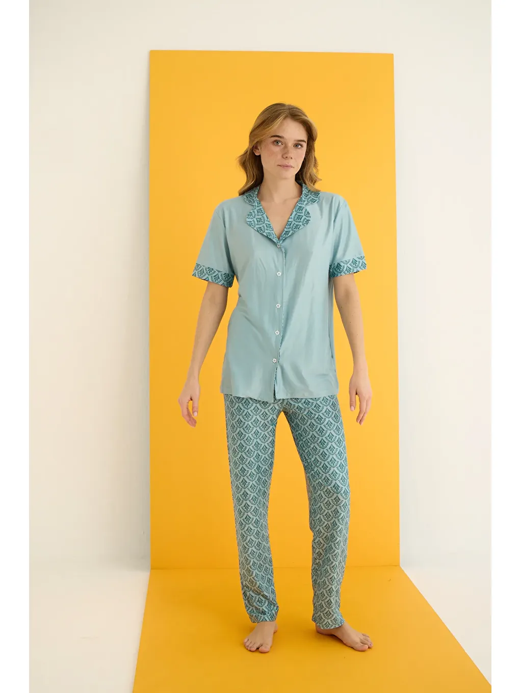 Turkuaz Marla Düğmeli Pijama Takımı 7063-19-1