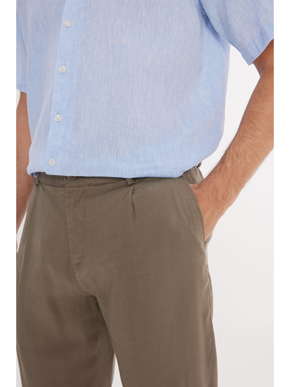 Bej Erkek Vizon Keten Slim Fit Dar Kesim Beli Lastikli Yan Cepli Esnek Pantolon-3