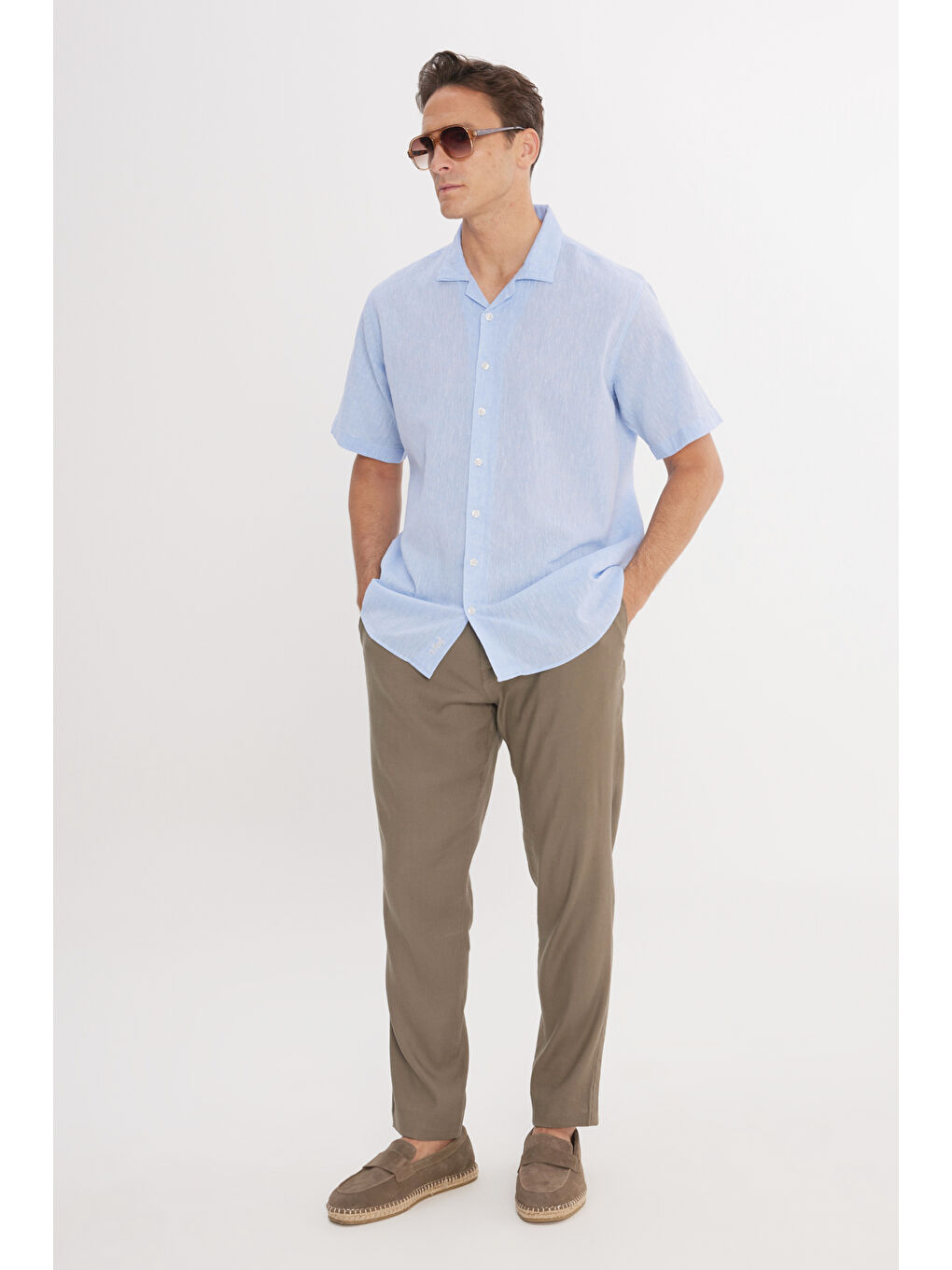 Bej Erkek Vizon Keten Slim Fit Dar Kesim Beli Lastikli Yan Cepli Esnek Pantolon-4