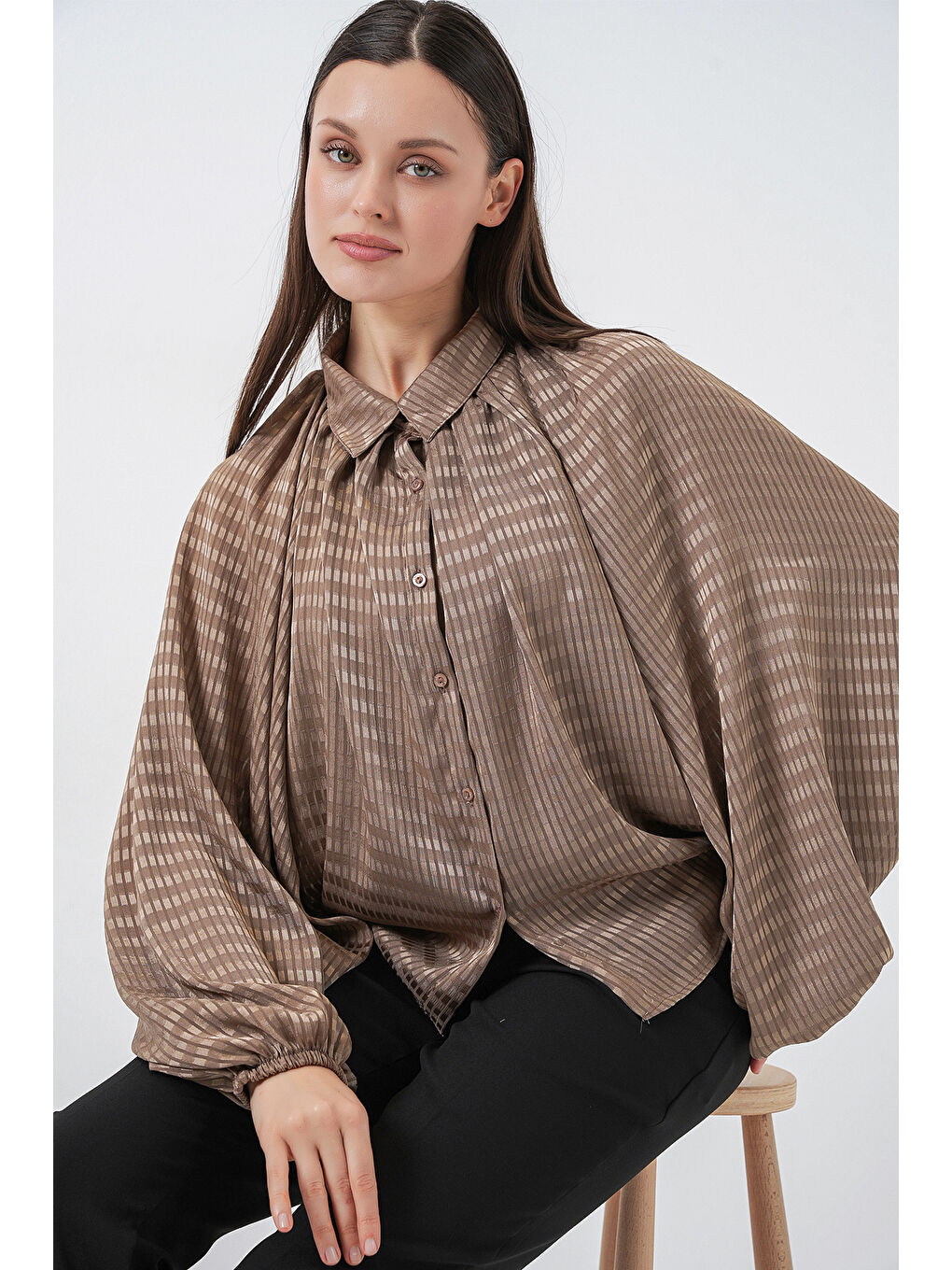 Bej Kadın Yarasa Kol Oversize Gömlek 20368 - Sütlü Kahve-2