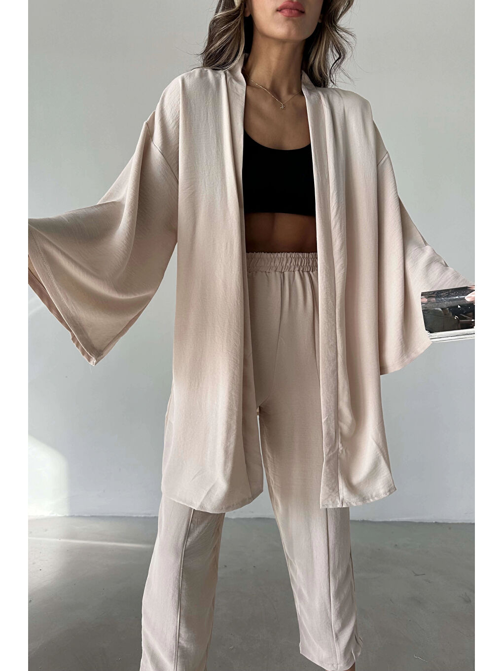 Bej Kadın Taş Kimono Takım 1018-0075-6