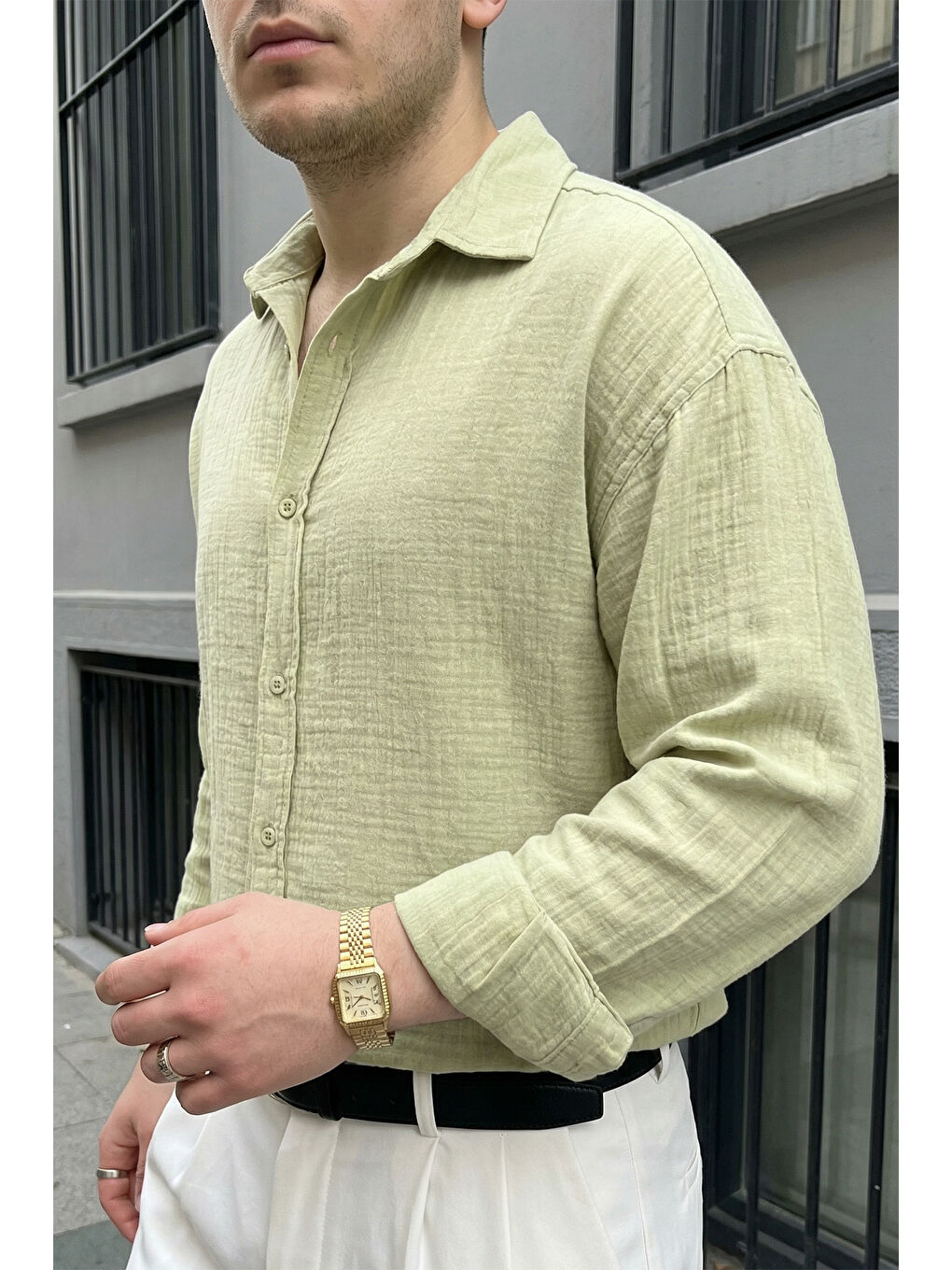 Yeşil Yurin Erkek Premium Müslin %100 Pamuk Oversize Uzun Kollu Gömlek-6