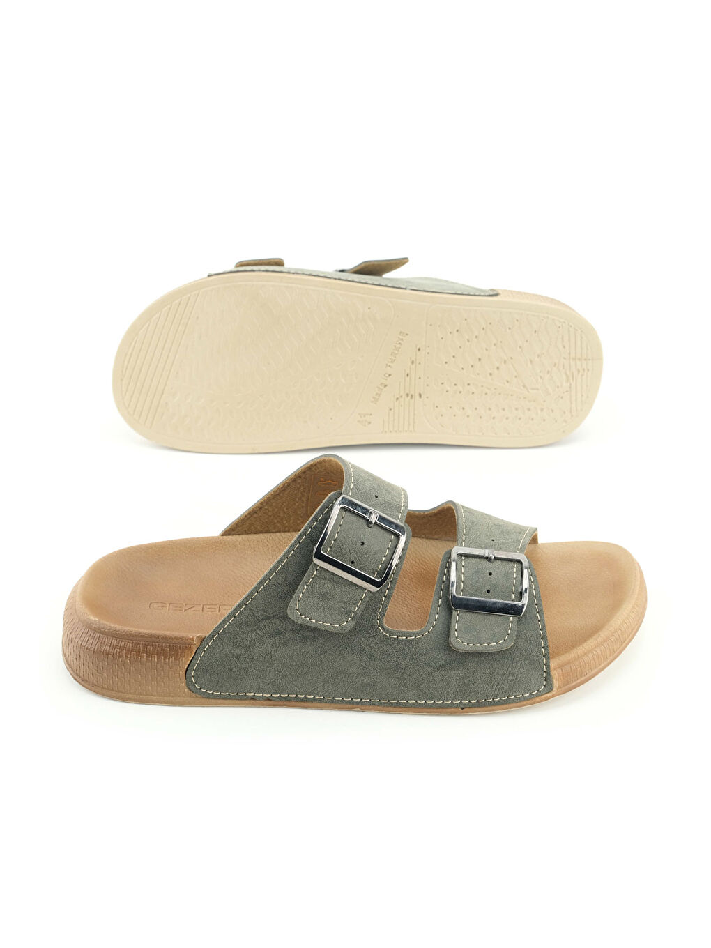 Haki Erkek Yazlık Suni Deri İki Toka Ayarlanabilir Rahat Taban Günlük Terlik-4