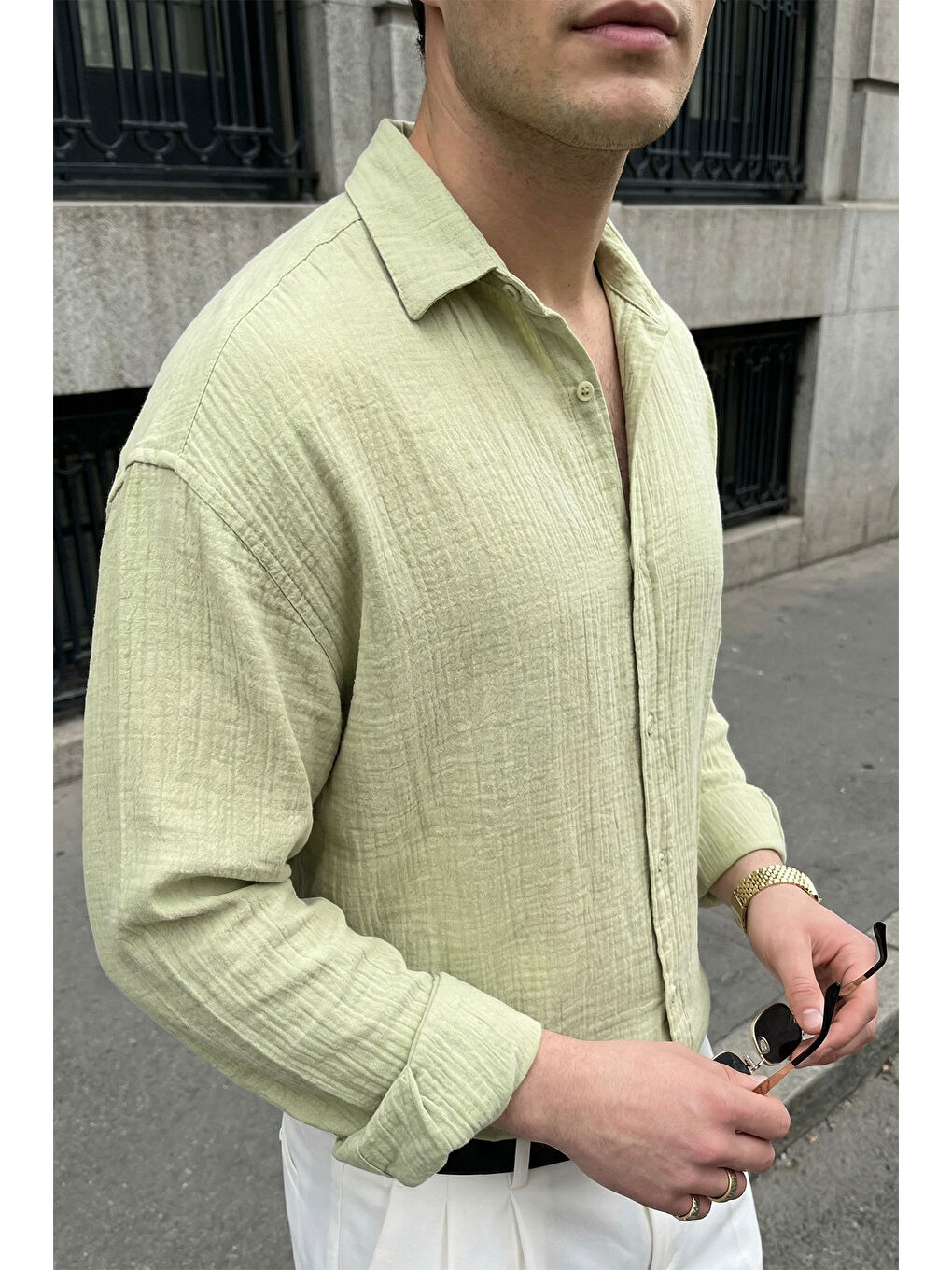 Yeşil Yurin Erkek Premium Müslin %100 Pamuk Oversize Uzun Kollu Gömlek-7