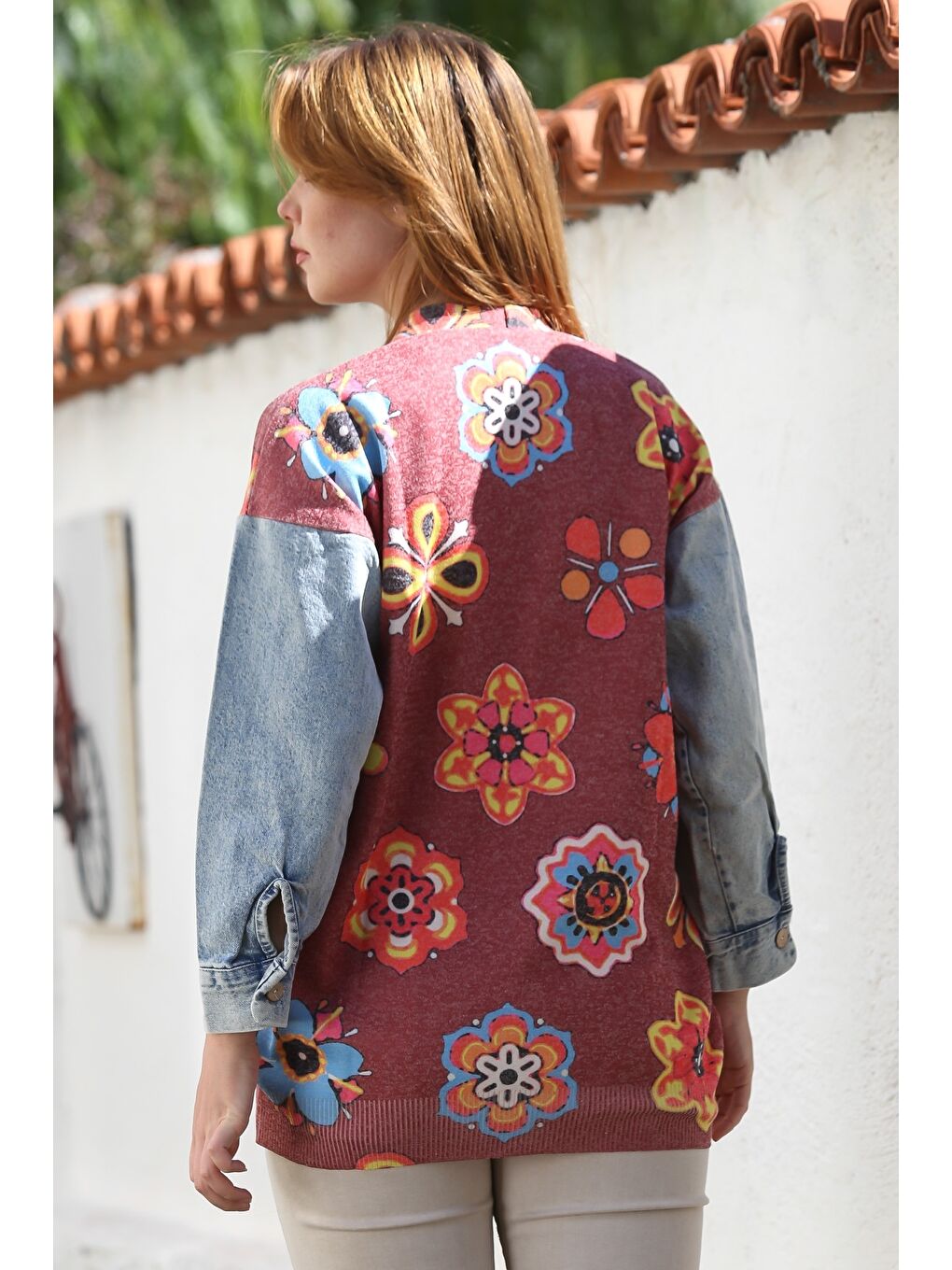 Bordo V Yaka Manşetli Kollu Düğmeli Jean Kol Detaylı Casual Dokuma Ceket 78 62-1